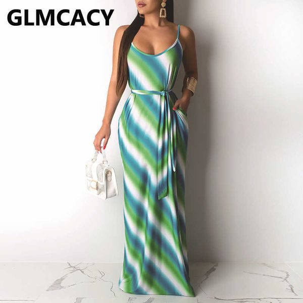 

women spaghetti strap striped belt loose style maxi dress 210702, Black;gray