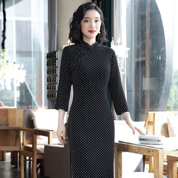 

others apparel modern wave point long qipao women autumn chinese dress hanfu traditional plus size cheongsam robe orientale retro vestido ch, Black;white