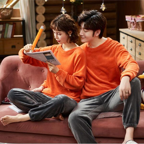 

men's sleepwear thicken pajamas for couples 2 piece set winter warm flannel homewear long sleeve plus velvet home clothes sets, Black;brown