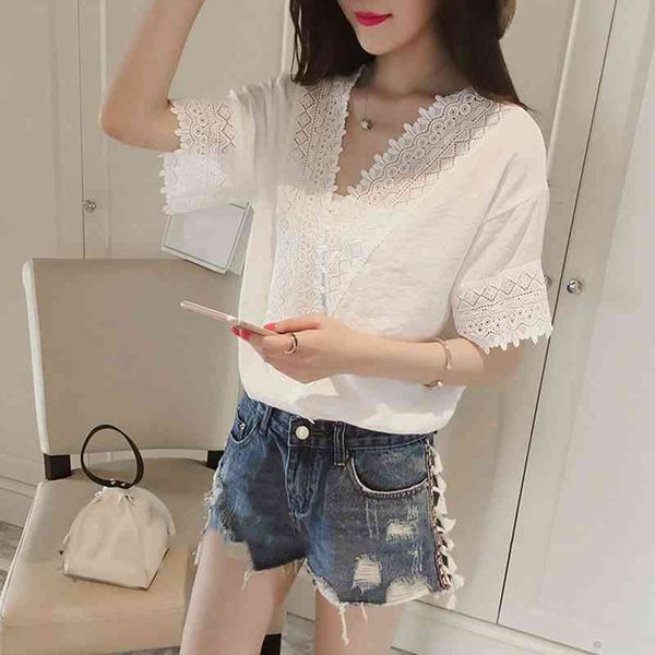 

casual women blouse solid color v neck short sleeve lace loose chiffon shirt blouse ladies clothing, White