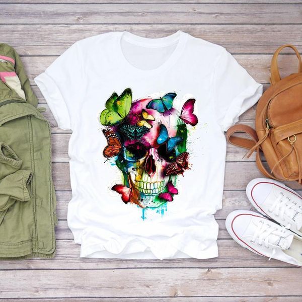 

cartoon watercolor skull floral fashion womens halloween print graphic ladies female tee, White