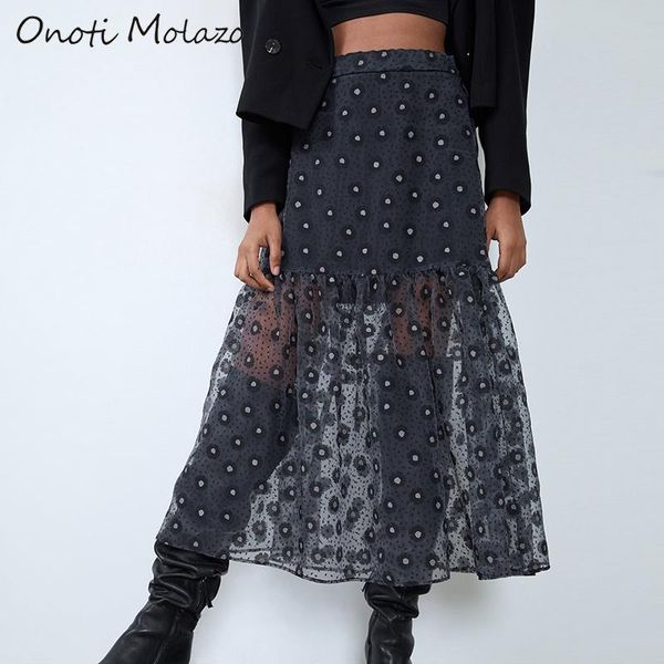 

skirts onoti molazo casual floral print long mesh women elastic waist bottoms elegant ladies skirt chic female 2021 spring, Black