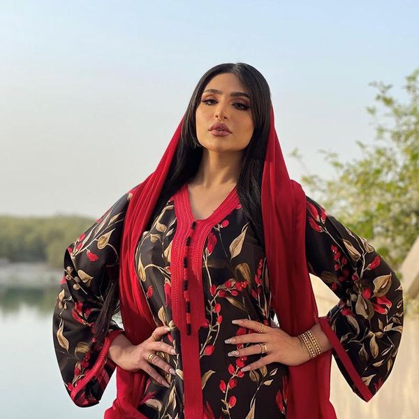 

ethnic clothing muslim women dress fashion robe middle east abaya turkey dubai printed long lady donsignet, Red