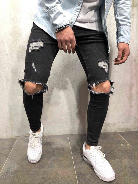 

men's jeans good quality jeans style hole slim trousers men's leggings, Blue