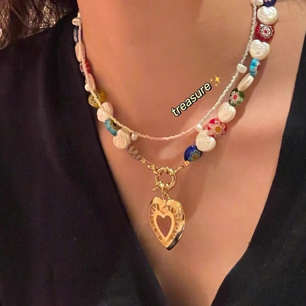 

song yanfei star same flower glass love pearl necklace ins blogger beads french retro clavicle chain, Silver