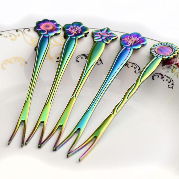 

forks stainless steel flower fruit fork afternoon tea dessert cake tableware rainbow kitchen utensils coffee bar cutlery 5pcs/set
