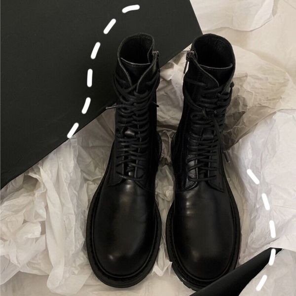 

woman ann boots black genuine leather lace-up demeulemeester ankle boots round toe side zip chunky block heel biker boots shoes high quality