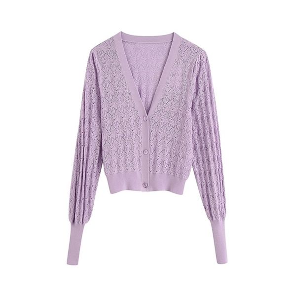 

hsa sueteres de mujer autumn winter v neck purple hollow out casual cardigans lantern sleeve sweater women knitwear 210430, White