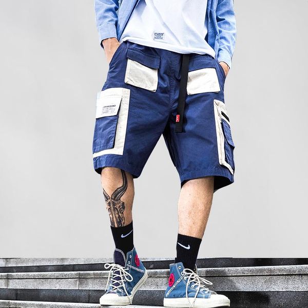 

men's shorts cargo men 2021 color patchwork summer casual knee length streetwear hip hop male pockets short jogger, White;black
