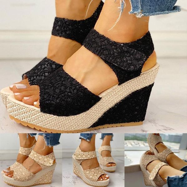 

sandals women's summer womens wedge platform slingback open toe comfy high heel beach sandales femmes Ã©tÃ©, Black
