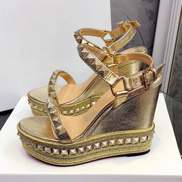

sandals women open toe rivet mixed color wedges shoes for runway high heels sexy, Black
