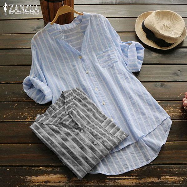 

2021 zanzea plus size striped womens cotton blouse fashion 3/4 sleeve shirts femlae button down blusas female v neck tunic, White