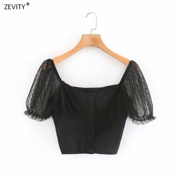 

zevity women square collar dots mesh sleeve patchwork black short blouse shirt breasted slim chic blusas ls6803 women's blouses & shir, White