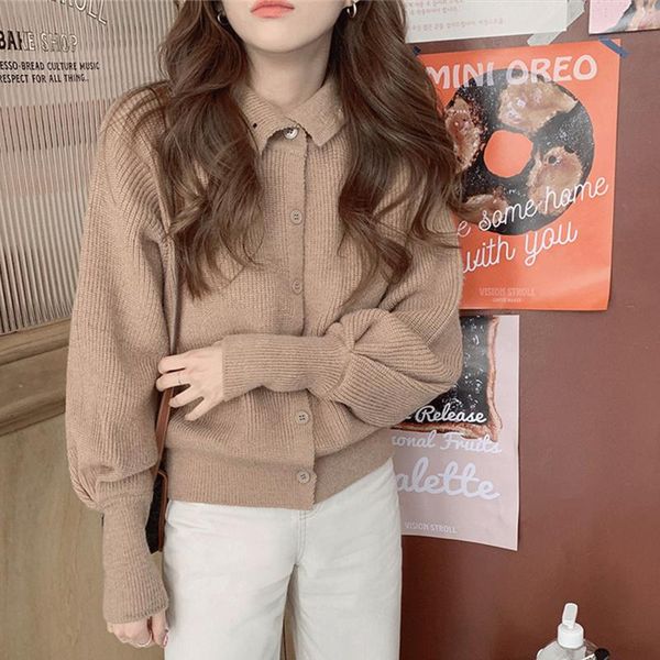 

women's knits & tees 2021 sweaters autumn winter korean turn-down collar button short cardigans puff sleeve elegant wild lady top, White