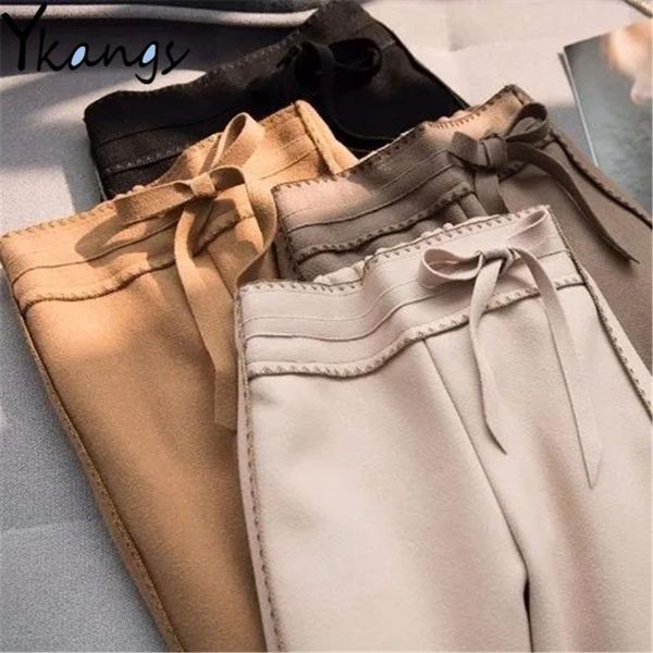 

women's pants & capris hemming embroidery lace up bowknot high waist wide leg wool blend back elastic band trousers loose autumn winter, Black;white