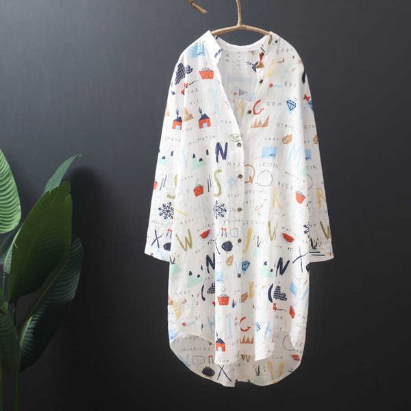 

women's blouses & shirts long blouse printed v-collar 100% cotton long-sleeved shirt female sunscreen clothing cardigan y265 qaoi, White