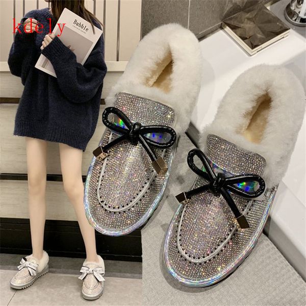 

boots luxurious bling crystal warm snow women flats heel colorful rhinestones diamonds winter plush fur shoes woman bicz, Black