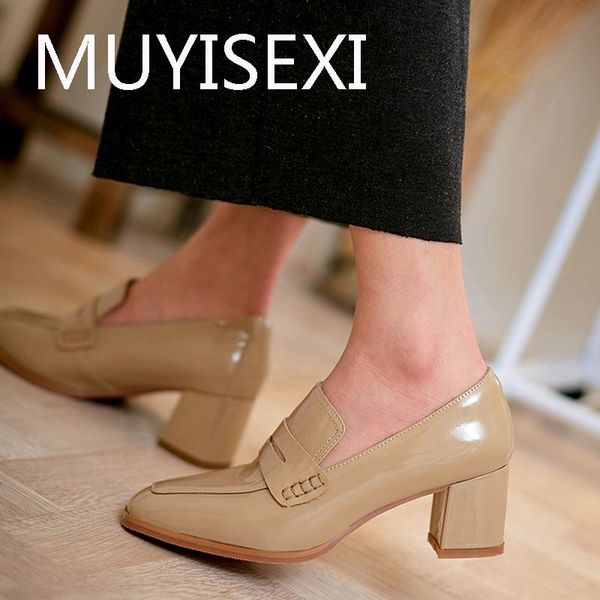 

dress shoes deress women genuine leather 5.5cm med square heels slip on loafers brand fashion spring pumps anj21 muyisexi, Black