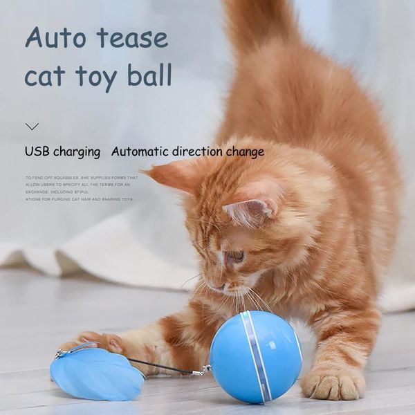 

cat toys smart interactive toy colorful led self rotating ball with catnip bell and feather usb rechargeable kitten