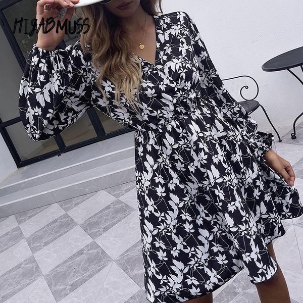 

casual dresses women dress autumn 2021 long-sleeved printed mid-length v-neck high-waist ladies, Black;gray