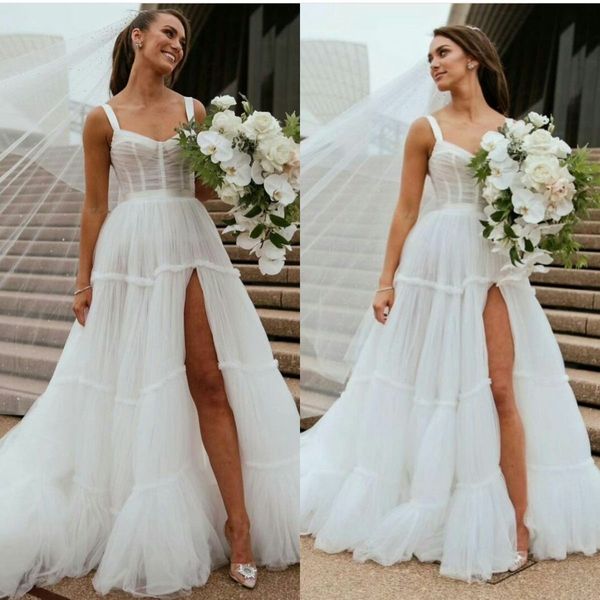 Seksi Plaj Bohemian Gelinlik Illusion Yüksek Bölünmüş Katmanlı Gelin Elbiseler Backless Sweep Tren Gelinlikler Robes de Mariée