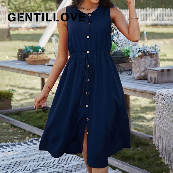 

jocoo jolee women o-neck sashes pleated sleeveless summer casual buttons solid beach style dress loose basic prairie chic 210518, Black;gray