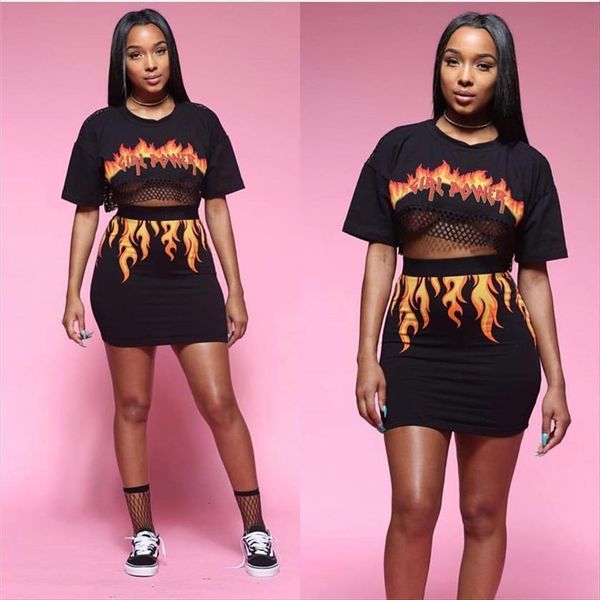 

two piece set fire women tracksuits flame print back see mesh crop and mini skirt suit club outfits, Gray