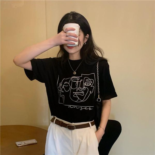 

summer women's wear korean loose and versatile round neck line printed short sleeve t-shirt, White