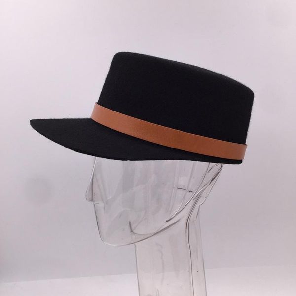 

wide brim hats fedora for women autumn winter peaked cap military hat belt decoration 100% wool female windproof 2021, Blue;gray