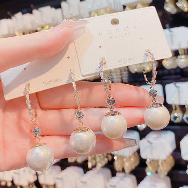 

dangle earrings japan and south korea temperament fashion diamond ear ring net red light luxury versatile high-grade pearl atmospheric, Silver