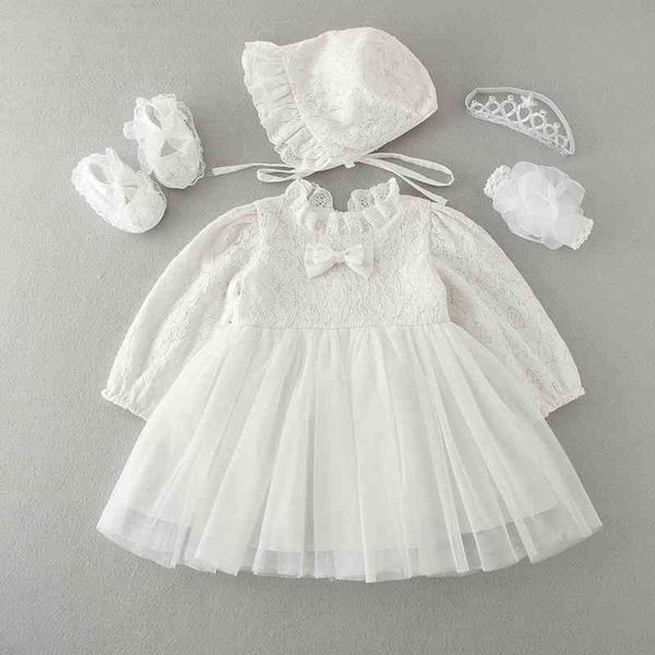 Born Batening Dress infantil Princesa Roupas Primeira festa de aniversário desgaste vestidos brancos para bebé vestidos de renda 210615