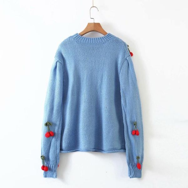 

blue clothing women sweater autumn french sweet hand-knitted cherry tridimensional decoration loose outside wearing, White;black