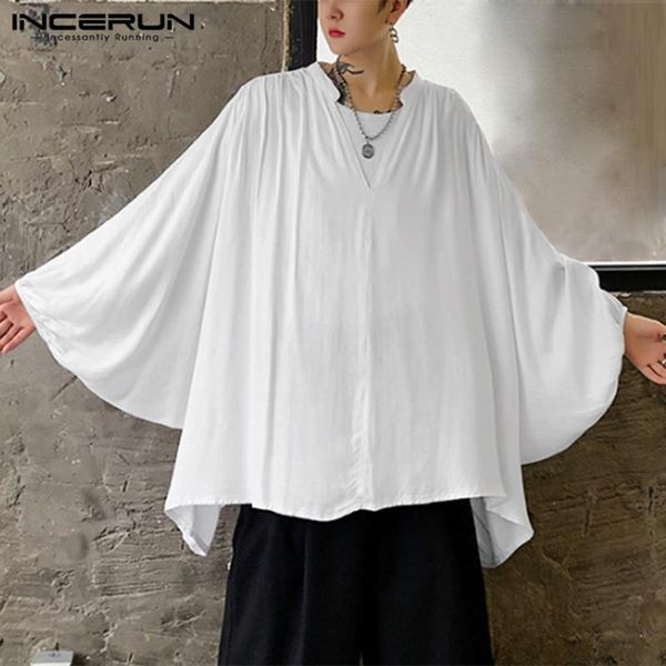 

fashion men casual shirt streetwear long sleeve v neck blouse loose irregular solid korean style camisas incerun s-5xl men's shirts, White;black