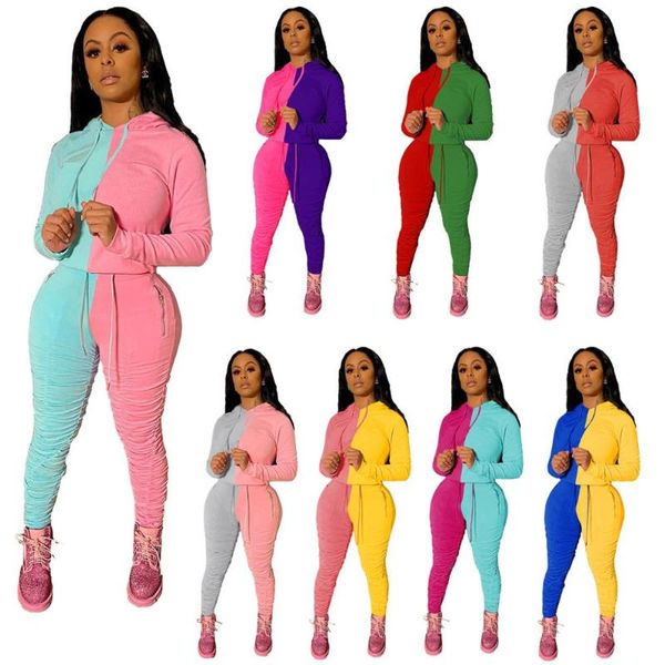 

women's tracksuits casual women two piece set color patchwork hooded drawstring sweater+ pencil sportsuit clothes for outfit, Gray
