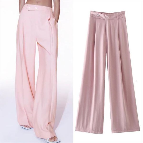 

traf za wide leg pink women capris summer high waist trousers female ruched streetwear loose trouser, Black;white