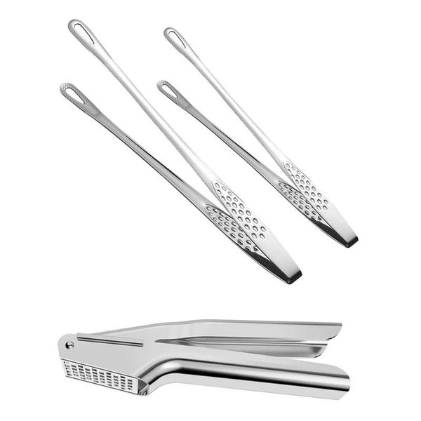 

bag clips 2pcs stainless steel food tongs, kitchen tweezers & 1x premium garlic press, mincer