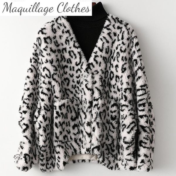 

women's knits & tees 2021 autumn witner wool fur leather coat fashion leopard loose v-neck c559, White