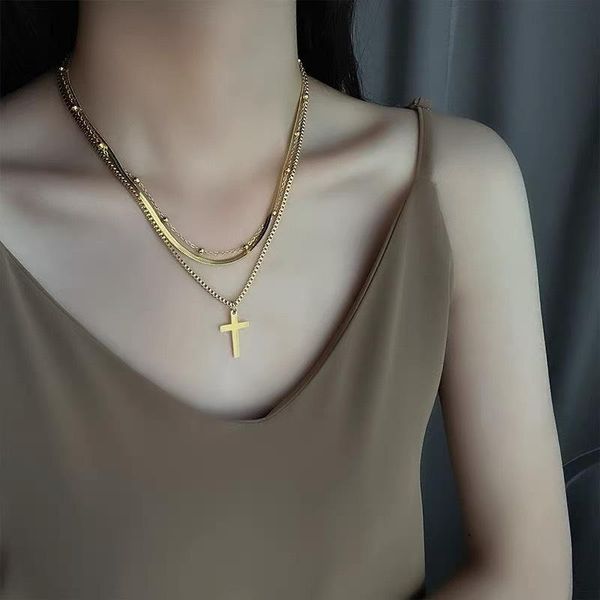 

chains multi-layer snakebone chain necklace european and american fashion three-layer cross pendant titanium steel sweater je, Silver