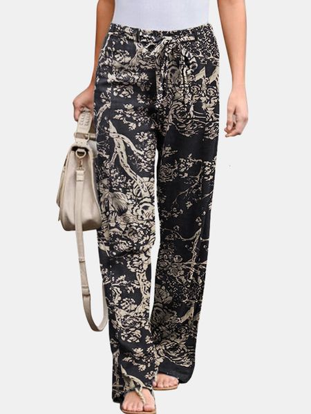 

capri vintage printed pants autumn 2021 casual elastic waistline pantalon female palazzo long turnip cord, Black;white