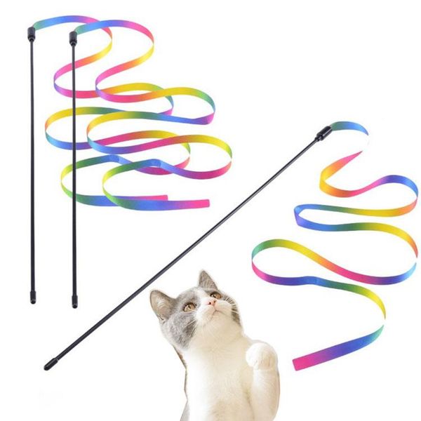 

cat teaser stick toy kitten pet dog funny wand string interactive double-sided rainbow ribbon animal play supplies toys