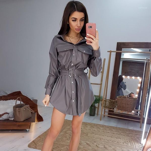 

casual dresses dabourfeel pockets pu leather dress women belt button party ladies long sleeve turn down collar 2021 mini vestido, Black;gray