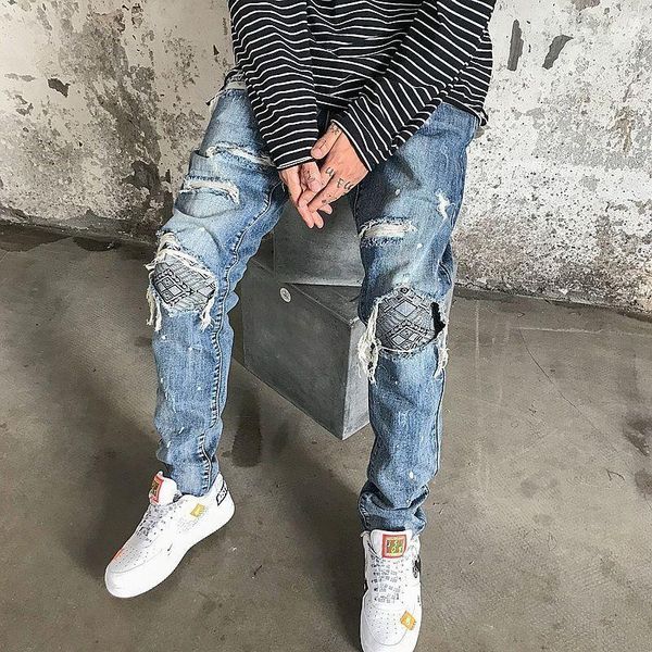 

men's pants cashew flower patch fake hole ripped jeans mens autumn retro vintage black blue high street slim skinny pencil