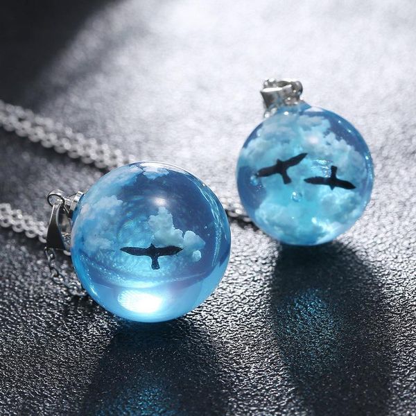 

pendant necklaces handmade transparent resin round ball moon necklace women blue sky white cloud bird chain fashion jewelry gifts, Silver