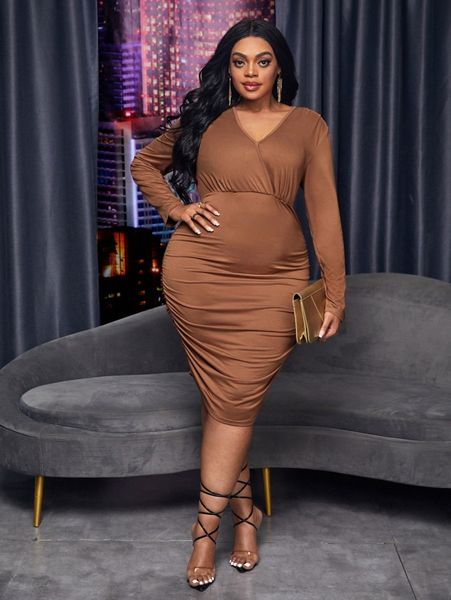 

sxy plus surplice neck ruched bodycon dress 87w2#, Black