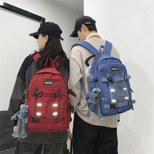 

backpack fashion trend large capacity nylon male reflective multi-pocket student schoolbag pure color travel rucksack couple bag