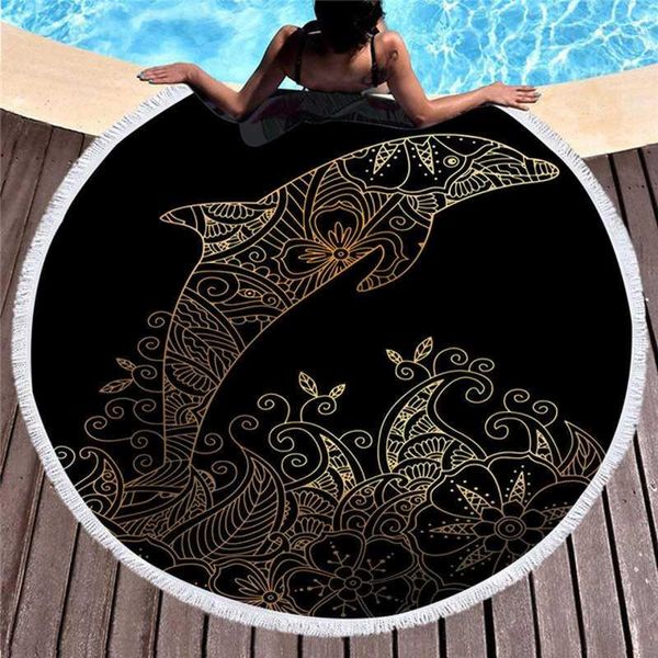 

towel dolphin printed microfiber beach for yoga mat tassel blanket large round 150cm tapestry home decor