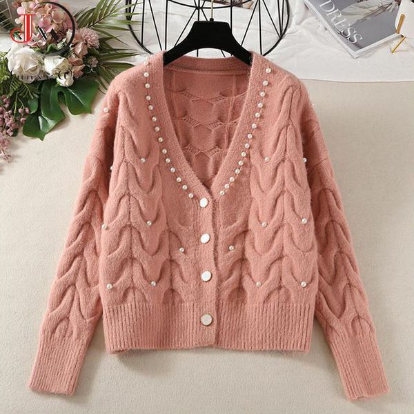 

cardigans women knitted sweater autumn winter long sleeve v neck jumper fashion sweet beaded casual streetwear 210510, White