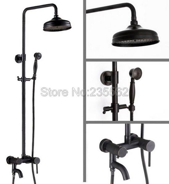 

black oil rubbed wall mounted rain shower faucet bathroom tub mixer taps brass finish + handheld head spray lrs365 sets