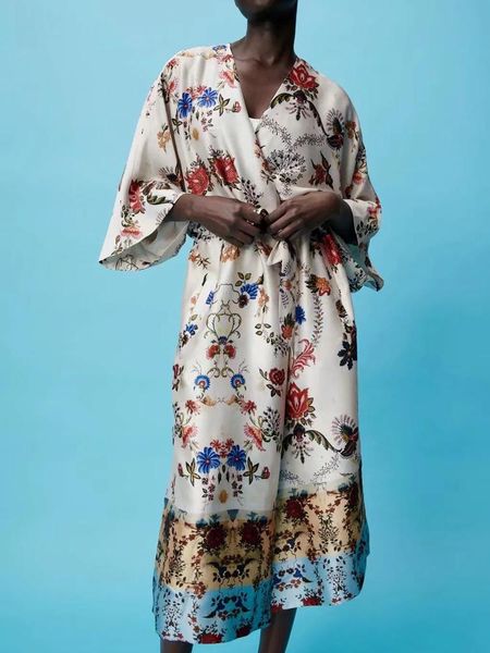 

casual dresses 2021 printed kimono women summer long wide sleeve janpan style dress fashion belt side slit hem beach feminine, Black;gray
