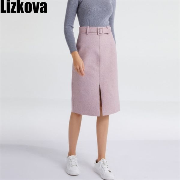 

lizkova pink pencil skirt winter women high waist split faldas with belt elegant official ladies jupes 2810 210730, White